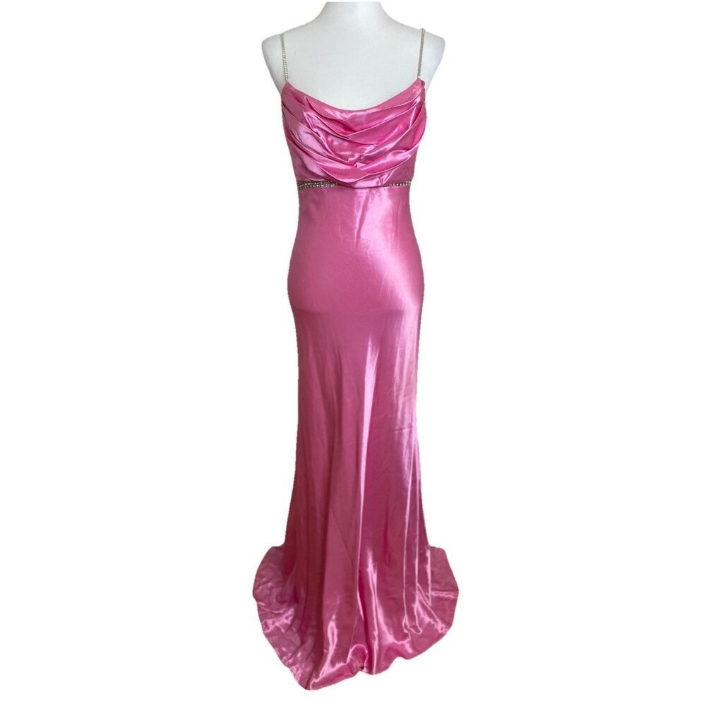 Vintage Cache Pink Y2k Satin Long Bias Cut Prom Slip Dress Gown Rhinestone Sz 6